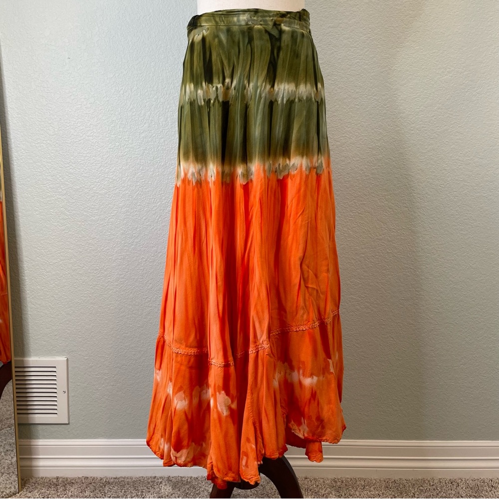 Belma New York Vintage 90s Y2K Orange Green Tie Dye Wrap Adjustable Maxi Skirt